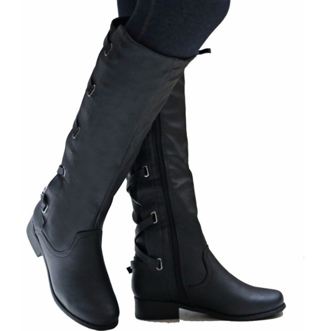 Knee High Zipper Motorcycle Boots Low Heels Buckle Cross Tie Platform Boots - GetComfyShoes