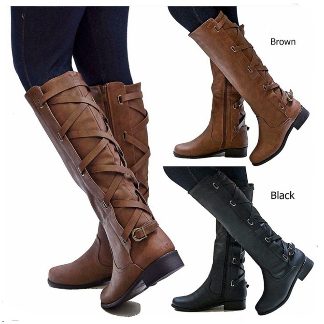 Knee High Zipper Motorcycle Boots Low Heels Buckle Cross Tie Platform Boots - GetComfyShoes