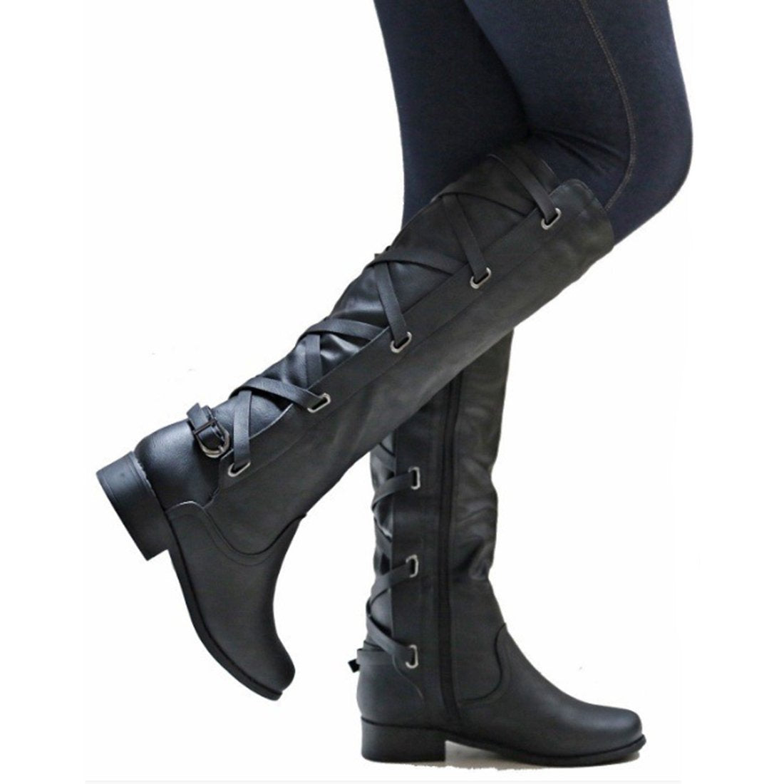 Knee High Zipper Motorcycle Boots Low Heels Buckle Cross Tie Platform Boots - GetComfyShoes