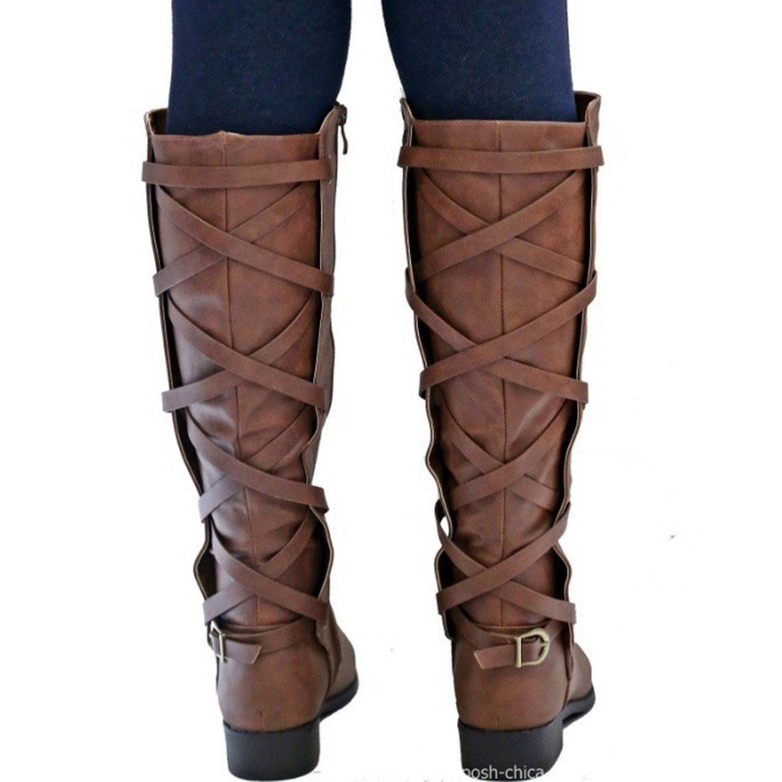 Knee High Zipper Motorcycle Boots Low Heels Buckle Cross Tie Platform Boots - GetComfyShoes