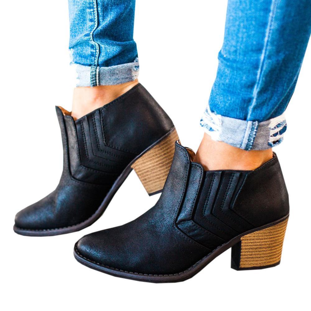 Chunky Heel Ankle Booties Black Gray Brown - GetComfyShoes