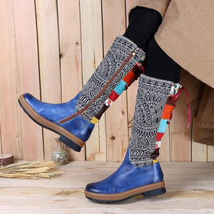 Socofy Vintage Mid-calf Boots Women Shoes Bohemian Retro Genuine Leather Motorcycle Boots Printed Side Zipper Back Lace Up Botas - GetComfyShoes