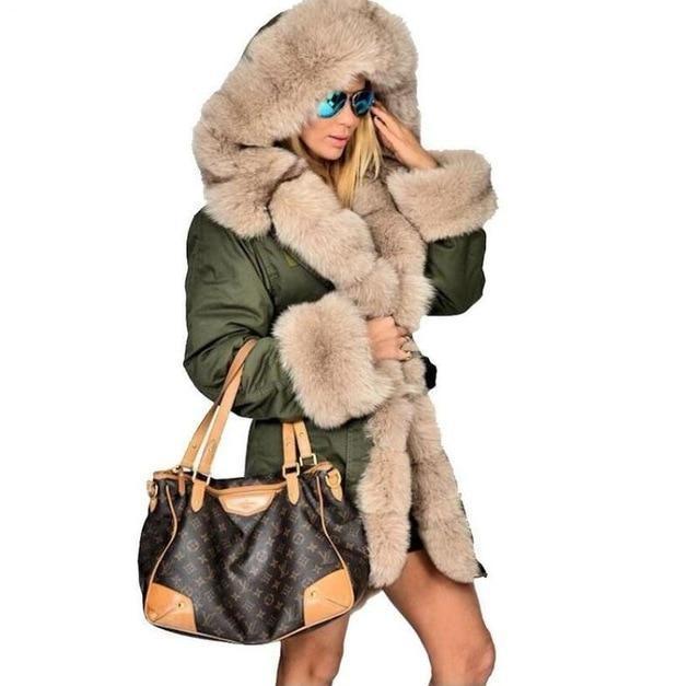 Plus Size Winter Faux Fur Cotton Hooded Overcoat - GetComfyShoes