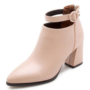 Pointed Toe Square Heels Fashion Buckle Ankle Boots - GetComfyShoes
