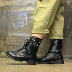 Vintage Women Buckle Strap Boots Casual Leather Martin Boots