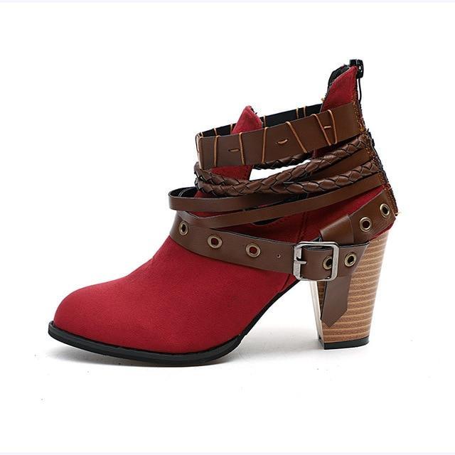 Plus Size Chunky Heels Buckle Ankle Boots - GetComfyShoes