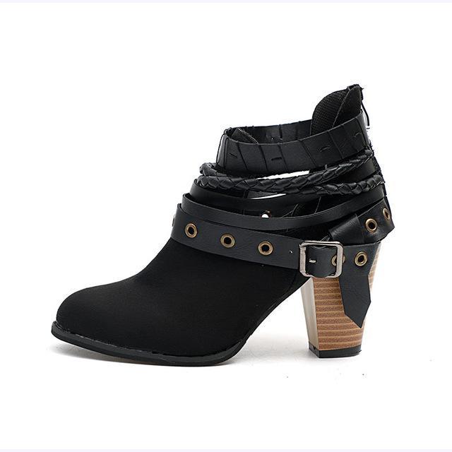 Plus Size Chunky Heels Buckle Ankle Boots - GetComfyShoes