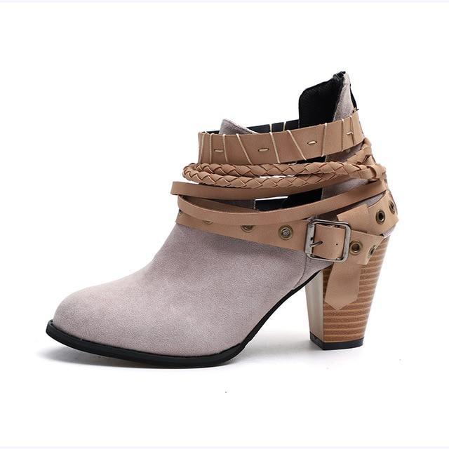 Plus Size Chunky Heels Buckle Ankle Boots - GetComfyShoes