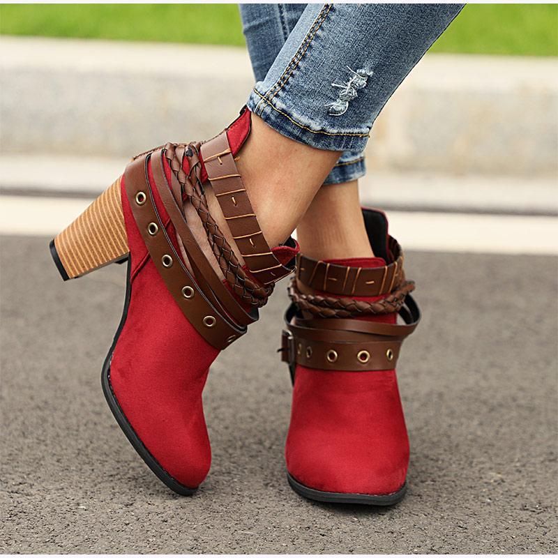 Plus Size Chunky Heels Buckle Ankle Boots - GetComfyShoes