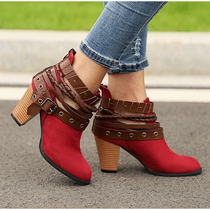 Plus Size Chunky Heels Buckle Ankle Boots - GetComfyShoes