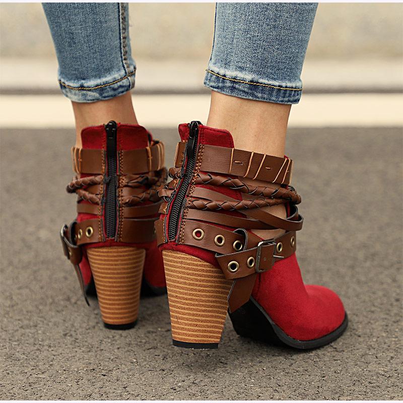 Plus Size Chunky Heels Buckle Ankle Boots - GetComfyShoes