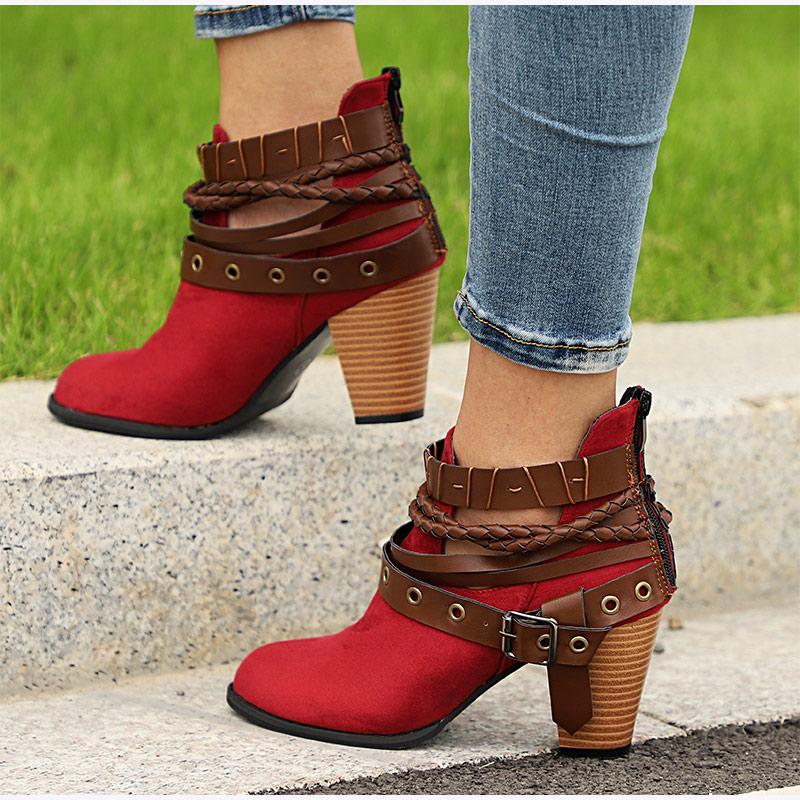 Plus Size Chunky Heels Buckle Ankle Boots - GetComfyShoes