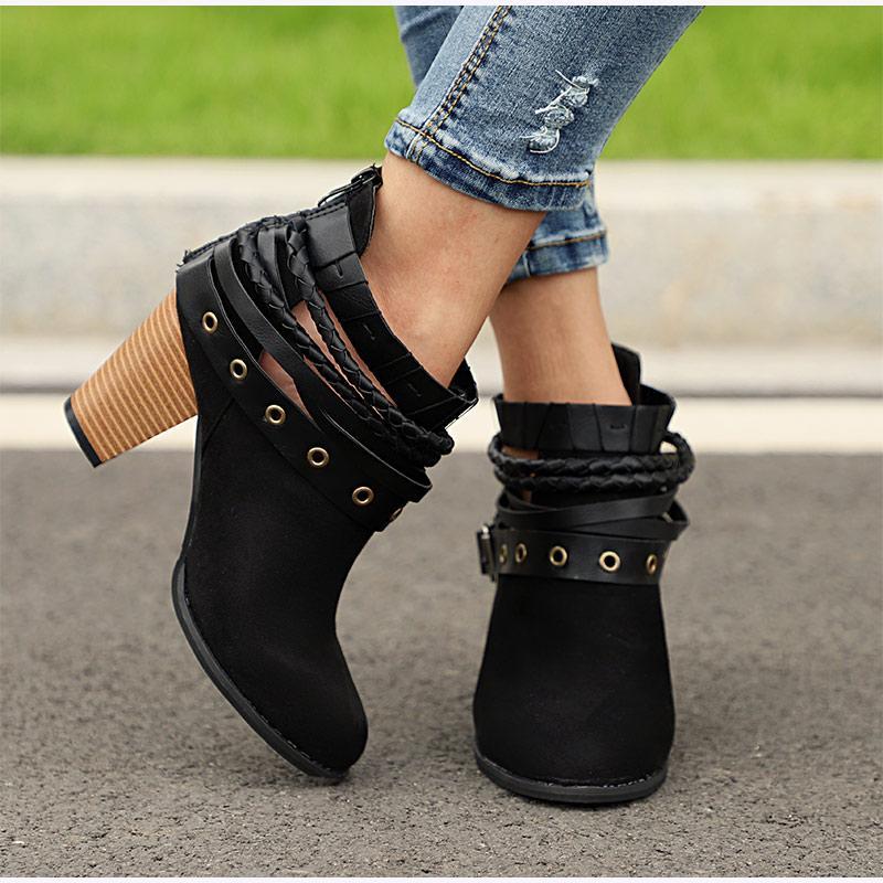 Plus Size Chunky Heels Buckle Ankle Boots - GetComfyShoes