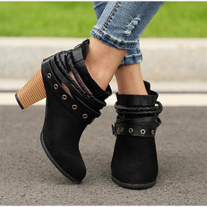 Ankle strap buckle boots stacked heel booties chunky heel boots