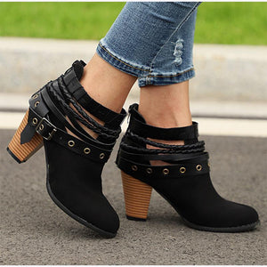 Plus Size Chunky Heels Buckle Ankle Boots - GetComfyShoes