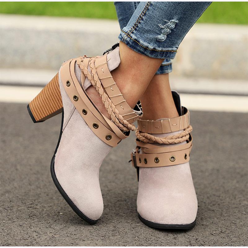 Plus Size Chunky Heels Buckle Ankle Boots - GetComfyShoes