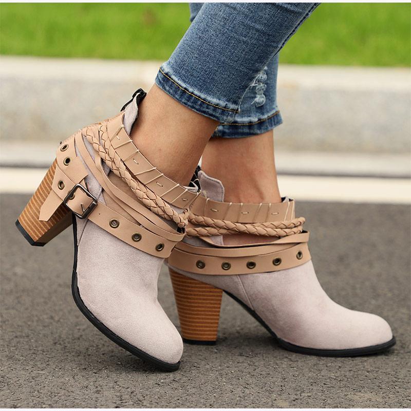 Plus Size Chunky Heels Buckle Ankle Boots - GetComfyShoes