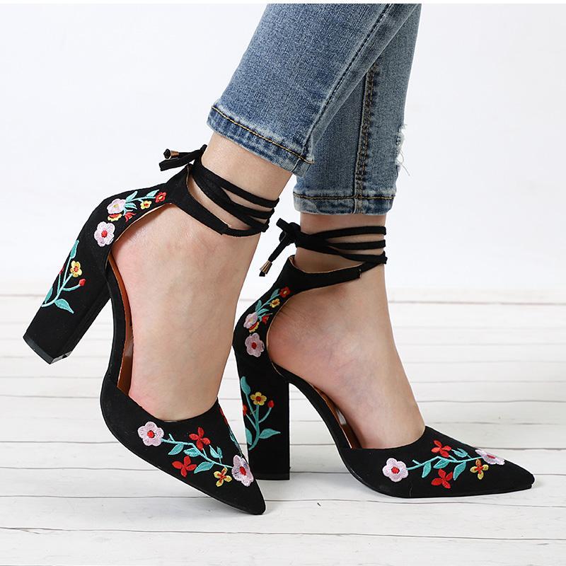 Pointed Toe Embroidery Lace up Heels - GetComfyShoes
