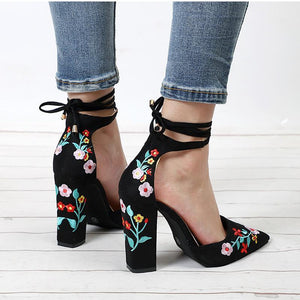 Pointed Toe Embroidery Lace up Heels - GetComfyShoes
