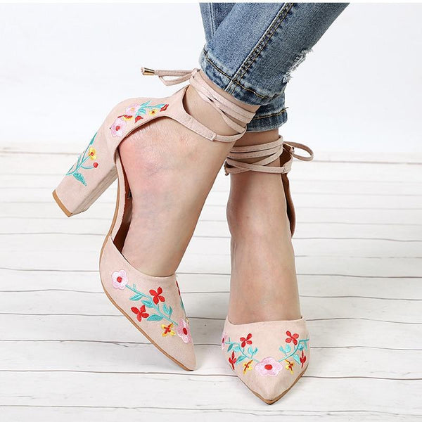 Pointed Toe Embroidery Lace up Heels