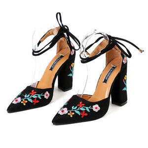 Pointed Toe Embroidery Lace up Heels - GetComfyShoes