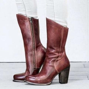 Leather Vintage Boots For Women Zipper Heeled Boots - GetComfyShoes