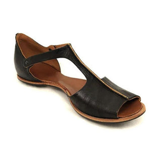 Vintage  Plus Sizes Peep Toe Slip-on  Flat Black Sandals - GetComfyShoes