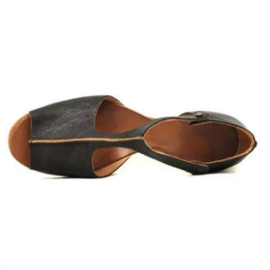 Vintage  Plus Sizes Peep Toe Slip-on  Flat Black Sandals - GetComfyShoes