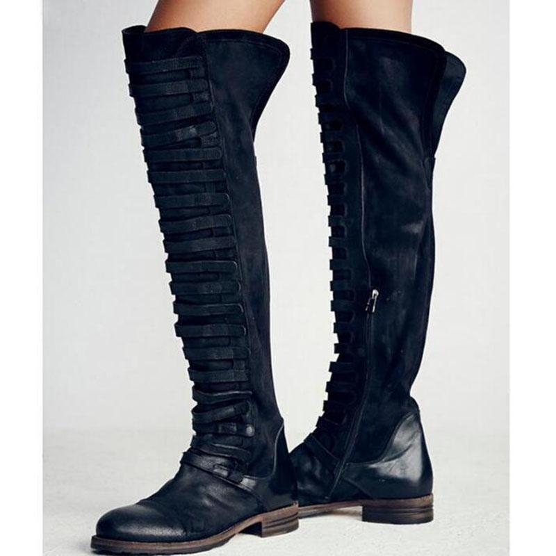 Women's over the knee boots with zipper low heel long boots