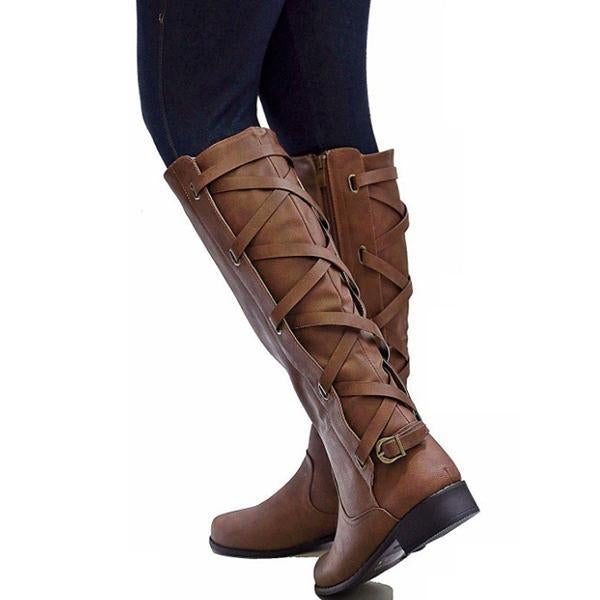 Knee High Zipper Motorcycle Boots Low Heels Buckle Cross Tie Platform Boots - GetComfyShoes